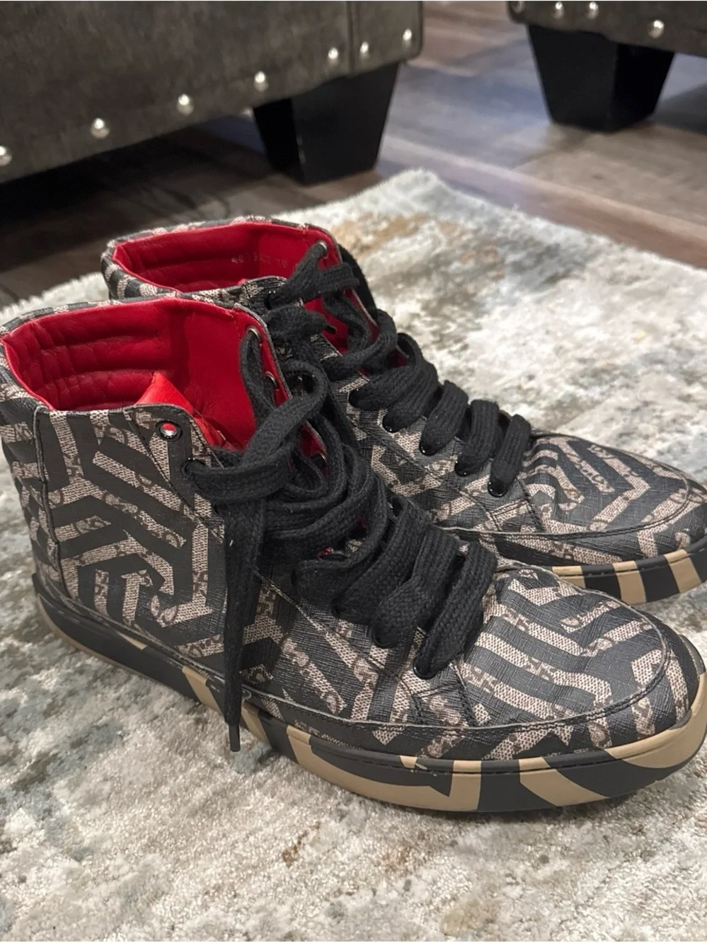 Gucci Black Gray Patterned High-Top Sneakers with Red Interior